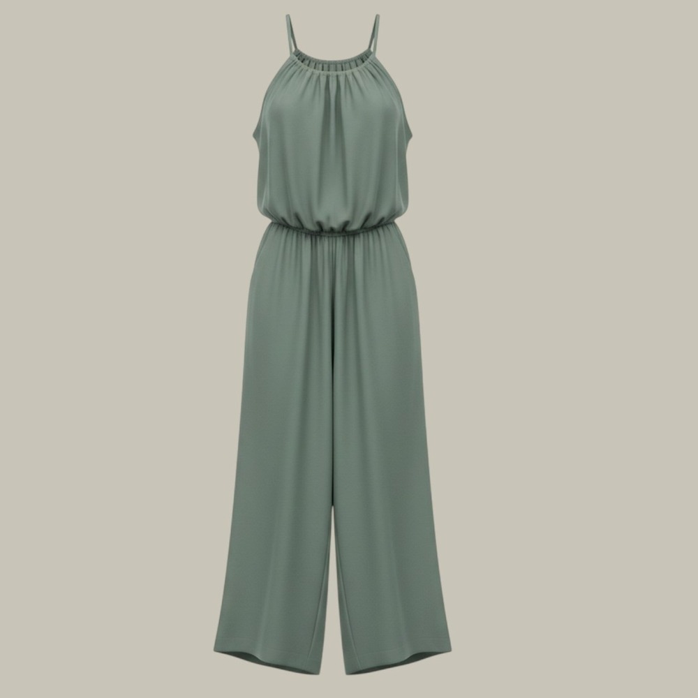 NWT JnJ Couture Silk Chiffon Wide Leg Jumpsuit XL Sage Green Made in Italy
